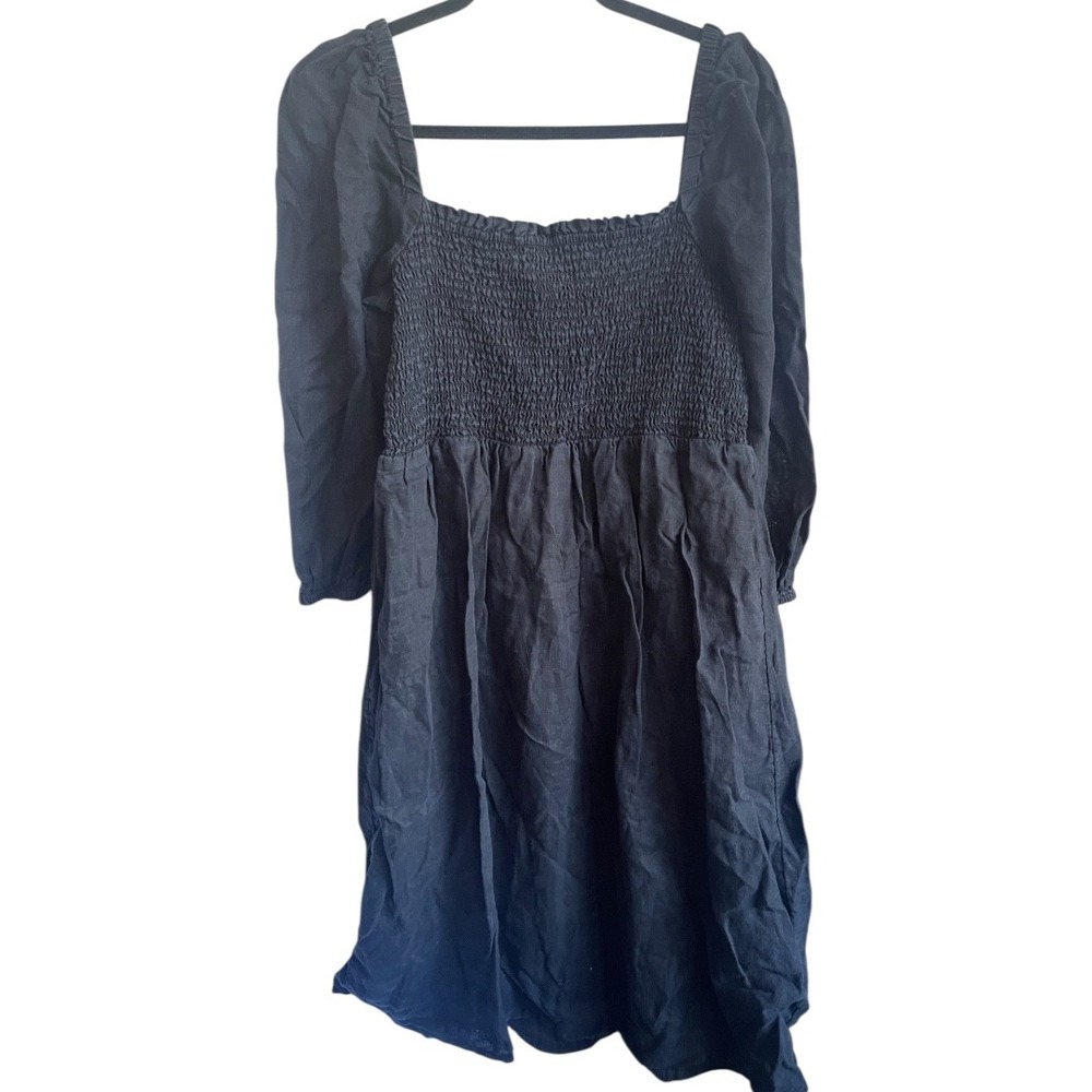 J. Crew Black Linen Smocked Square Neck Midi Dress Size‎ XL